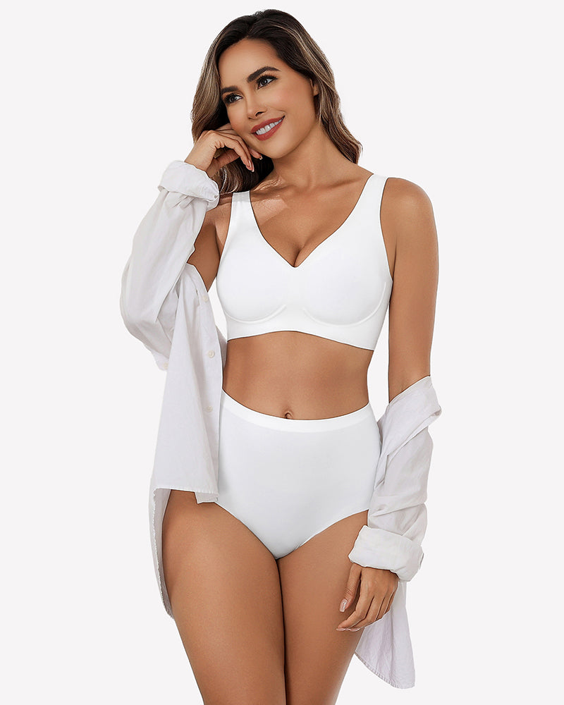 White seamless V-neck bralette with full-coverage cups, styled with matching bottoms