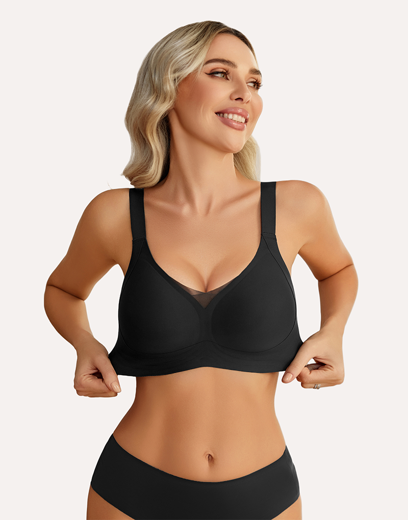 Black wireless push-up bra with V-neck plunge and seamless molded cups