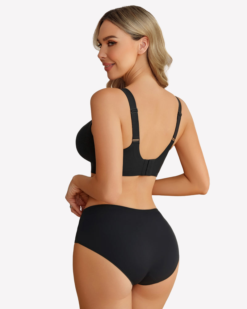 Black wireless push-up bra back view with adjustable straps and full coverage cups