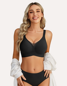 Black wireless push-up bra with V-neck, wide straps, and smooth molded cups