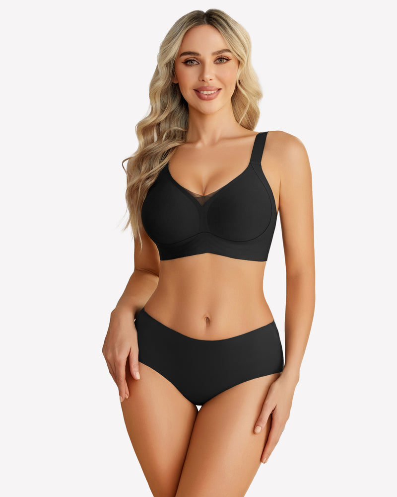 Black wireless push-up bra front view with V-neck molded cups and wide band
