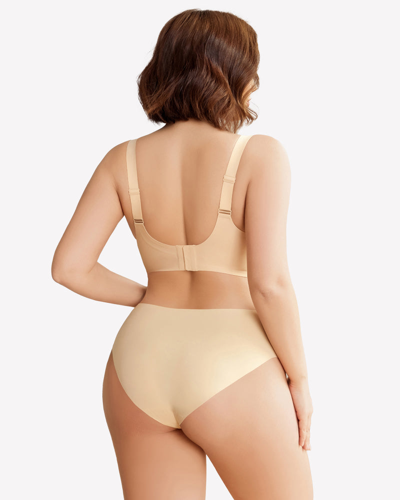 Nude wireless push-up bra back view with adjustable straps and seamless cups