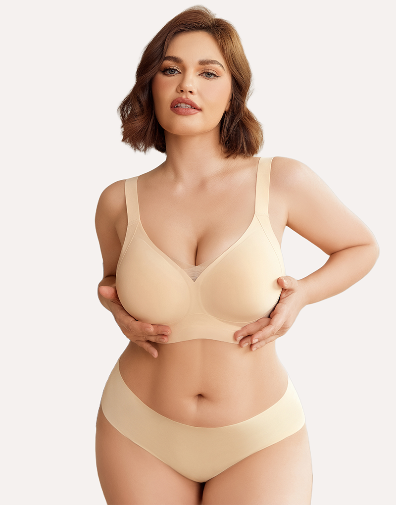 Nude wireless push-up bra with V-neck and seamless molded cups