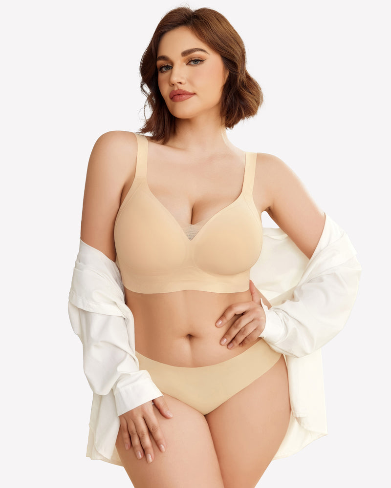 Nude wireless push-up bra with V-neck and smooth cups, adjustable straps