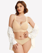 Nude wireless push-up bra with V-neck and smooth cups, adjustable straps