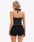 Halter crop top tank in black with back neck tie and ruched back