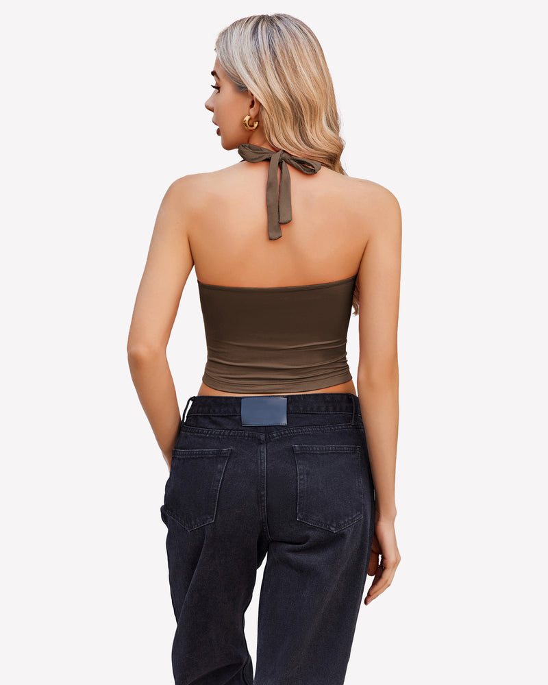 Halter crop top tank in brown with back neck tie and halter back