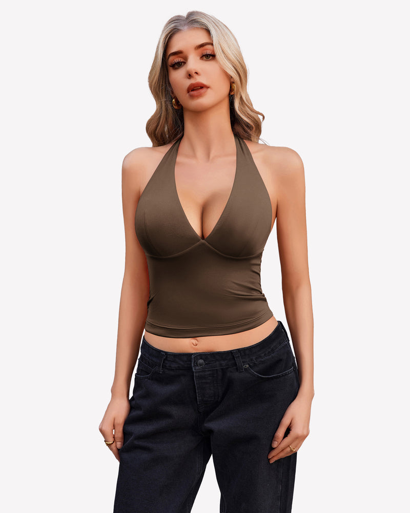Halter crop top tank in brown with deep V halter neckline
