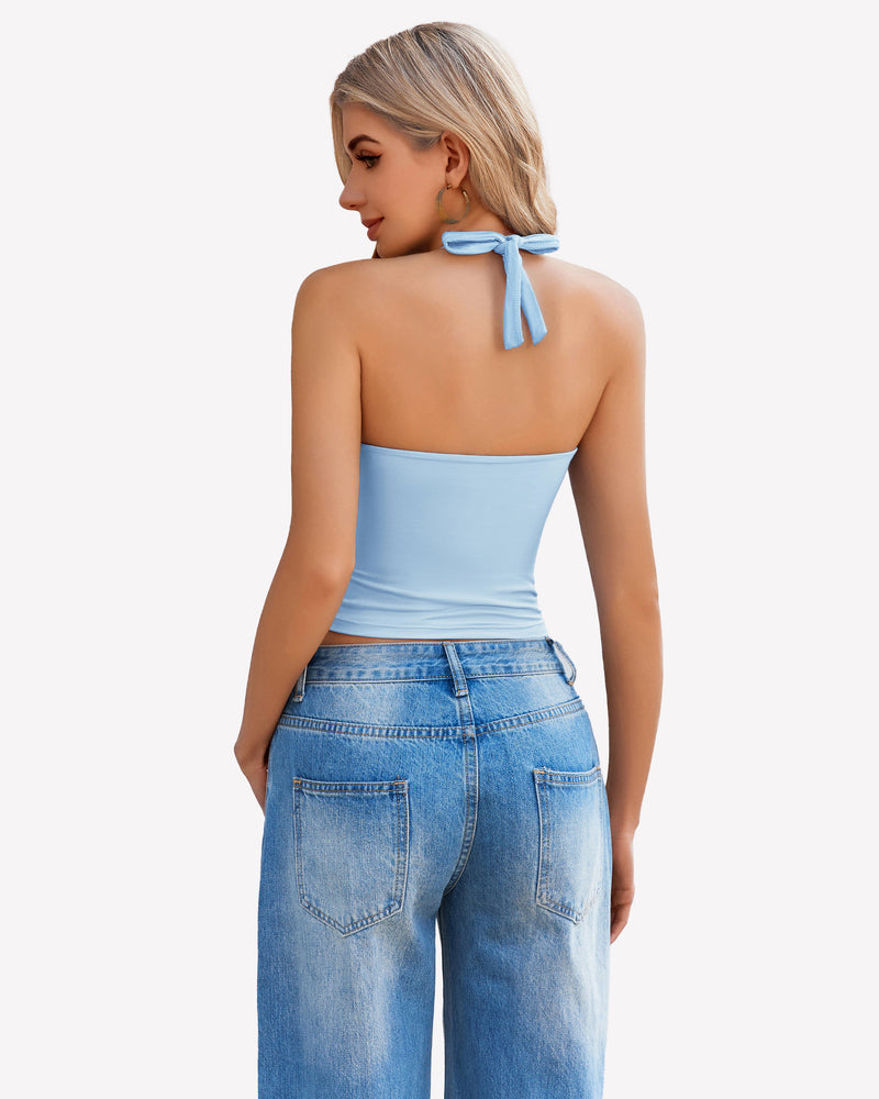Halter crop top tank in light blue with back neck tie and straight back