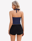Halter crop top tank in navy blue with back neck tie and ruched back