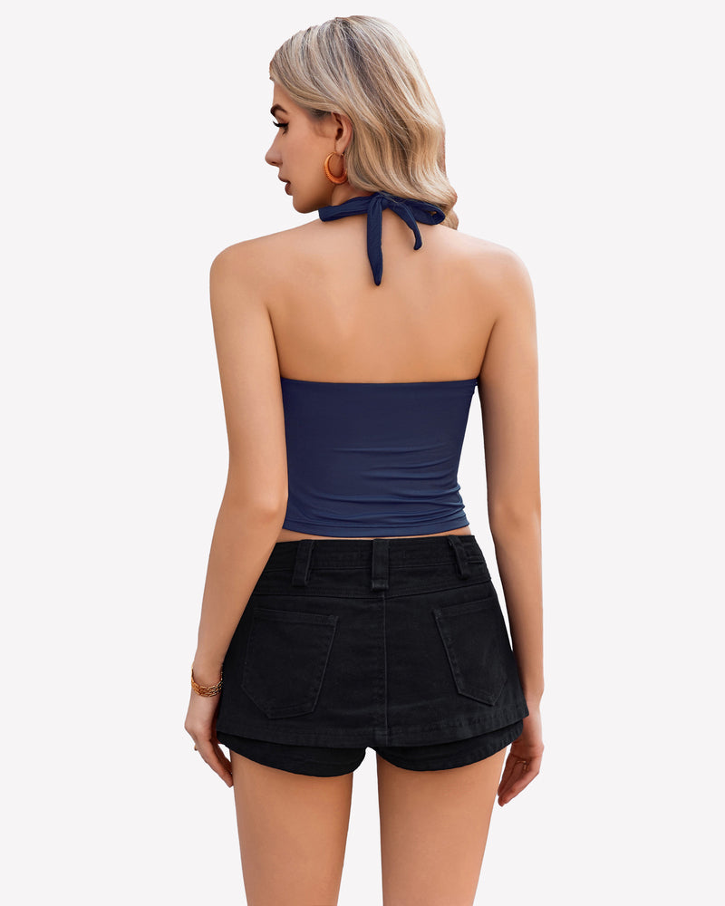 Halter crop top tank in navy blue with back neck tie and ruched back