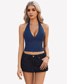Halter crop top tank in navy blue with deep V halter neckline