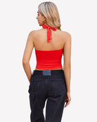 Red halter crop tank top with tied neck strap and V-back