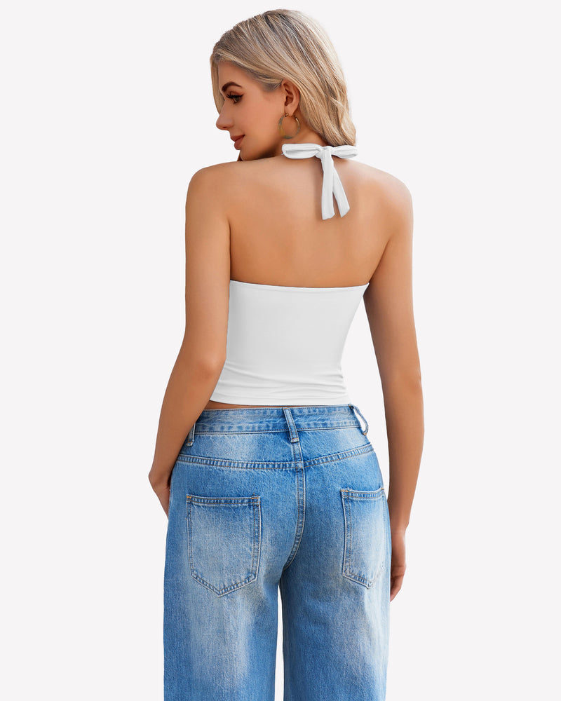 White halter crop tank top with open back and neck-tie bow