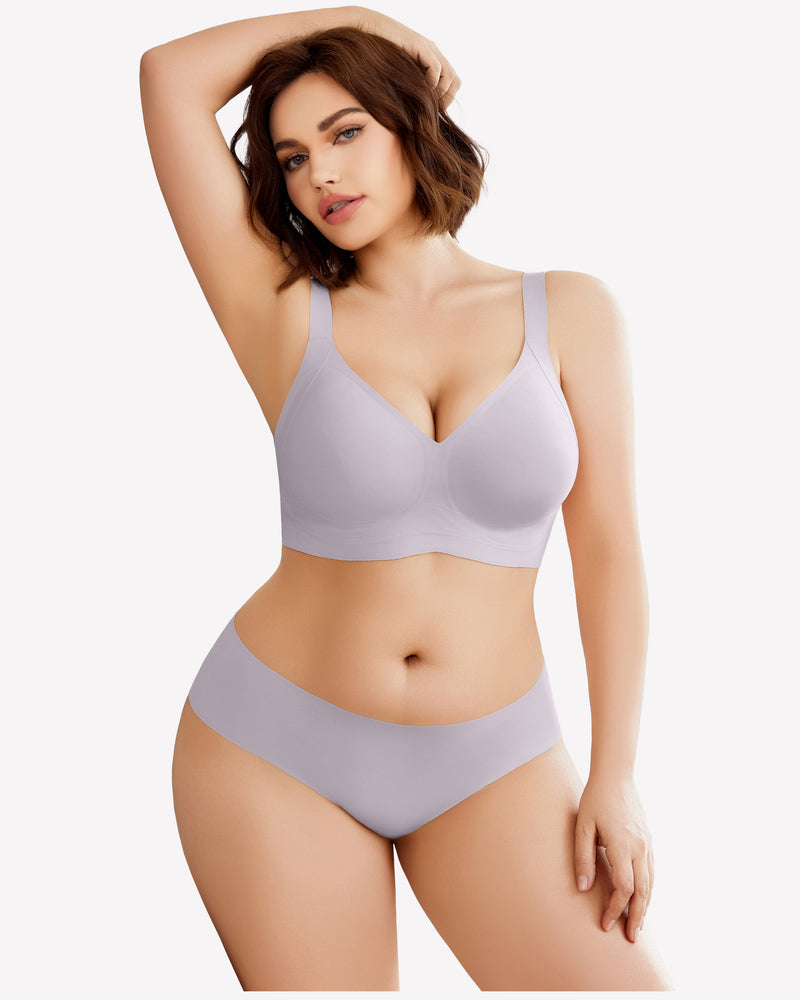 Seamless push-up bra without underwire, lilac, front view with deep V neckline
