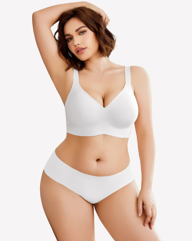 Seamless push-up bra without underwire, white, deep V neckline and adjustable straps