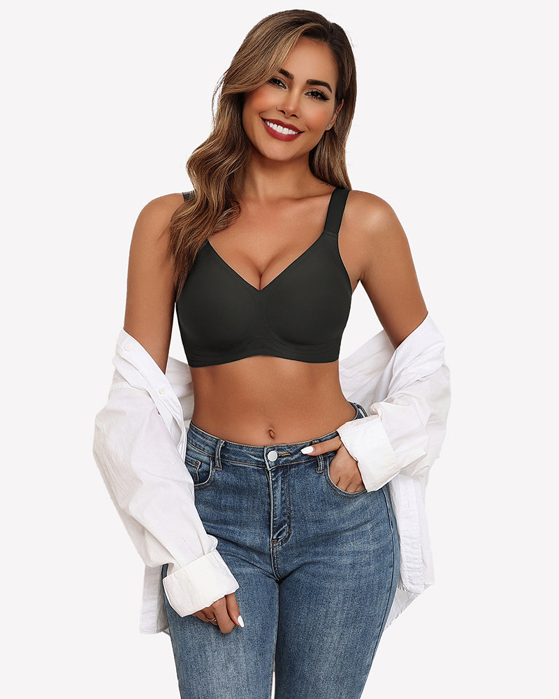 Charcoal seamless wireless push-up bra with V-neck and smooth cups