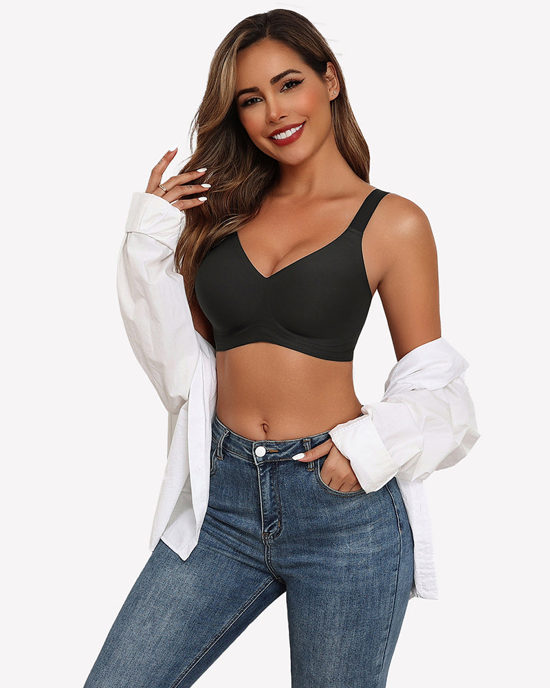 Charcoal seamless wireless push-up bra, low V-neck and wide adjustable straps