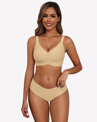 Wheat seamless wireless push-up bra with V-neck and supportive molded cups