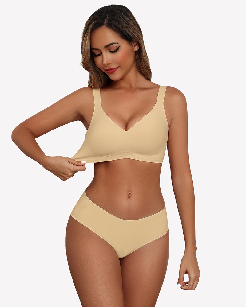 Wheat seamless wireless push-up bra with V-neck and curved underband