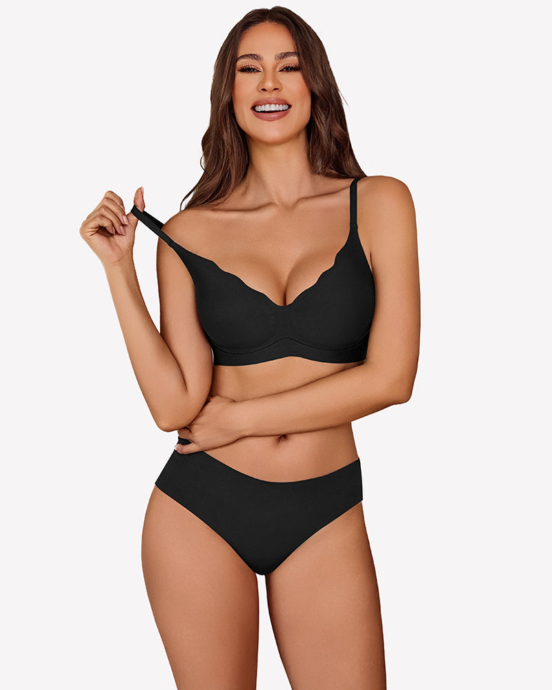 Black seamless wireless push-up full bra with V-neck cups and thin adjustable straps