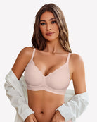 Nude seamless wireless push-up full bra with V-neck cups and adjustable straps