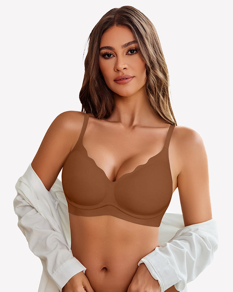 Brown seamless wireless push-up full bra with smooth cups and adjustable straps