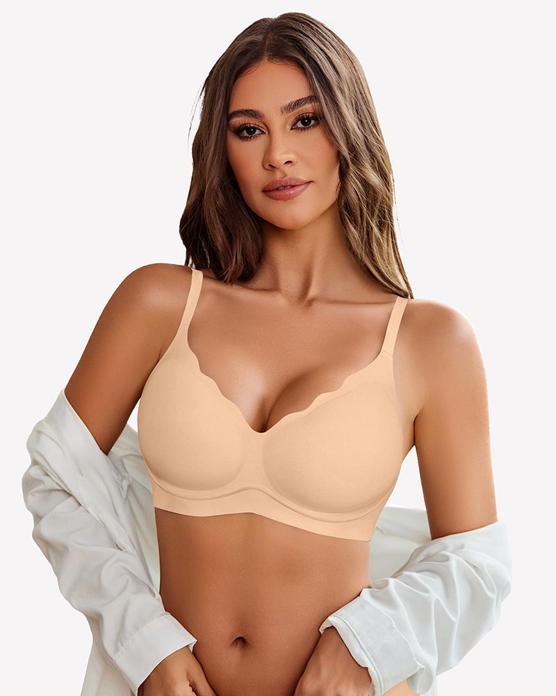 Light nude seamless wireless push-up bra with V-neck cups and adjustable straps