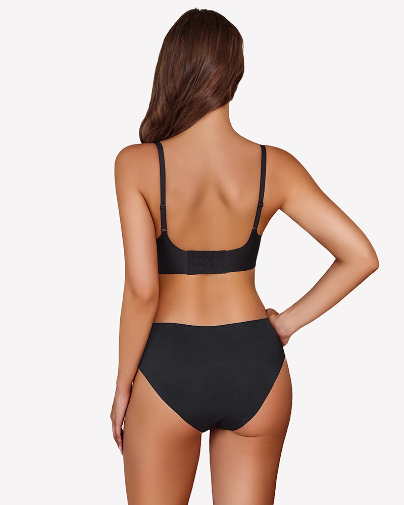 Black seamless wireless push-up bra, back view with crisscross straps