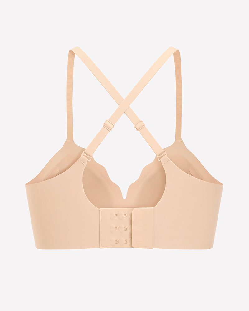 Nude seamless wireless push-up bra front with hook-and-eye closure