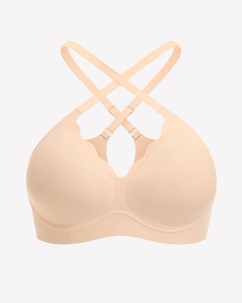Nude seamless wireless full bra with crossed back straps, smooth full-coverage cups