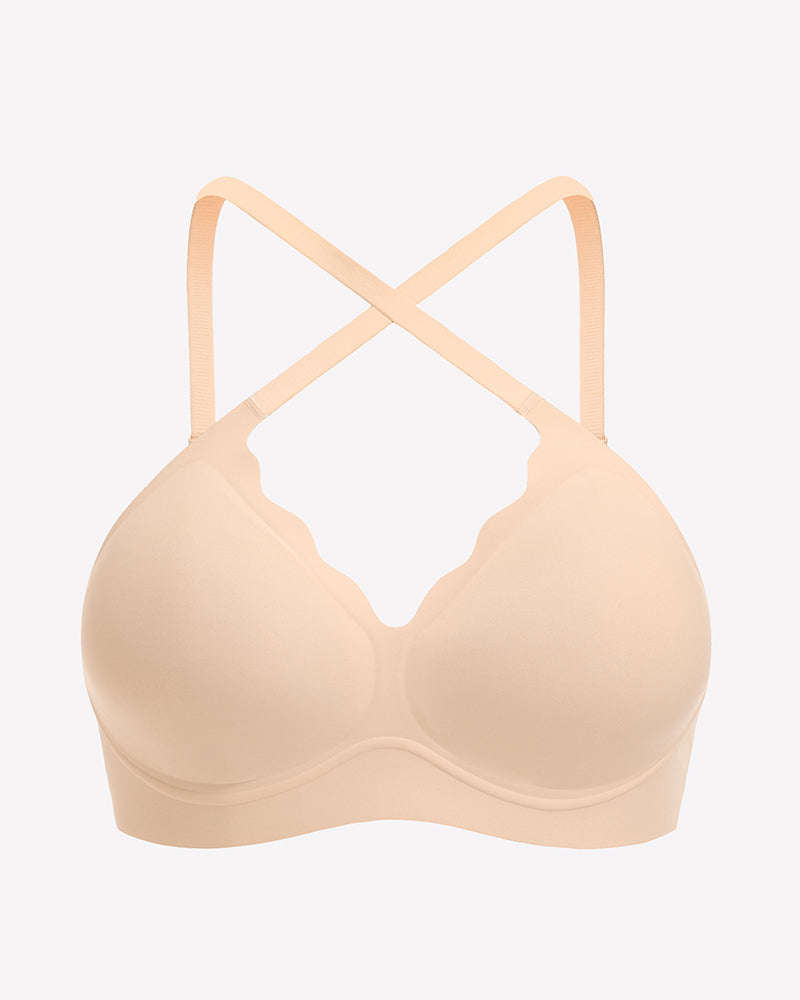 Nude seamless wireless full bra with racerback straps, smooth full-coverage cups