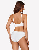 White seamless wireless bra with adjustable straps, full-coverage back view