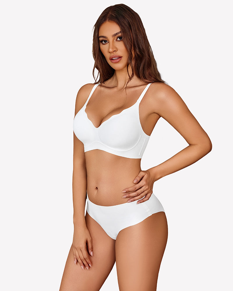 White seamless push-up wireless bra with V-neck, smooth cups and adjustable straps