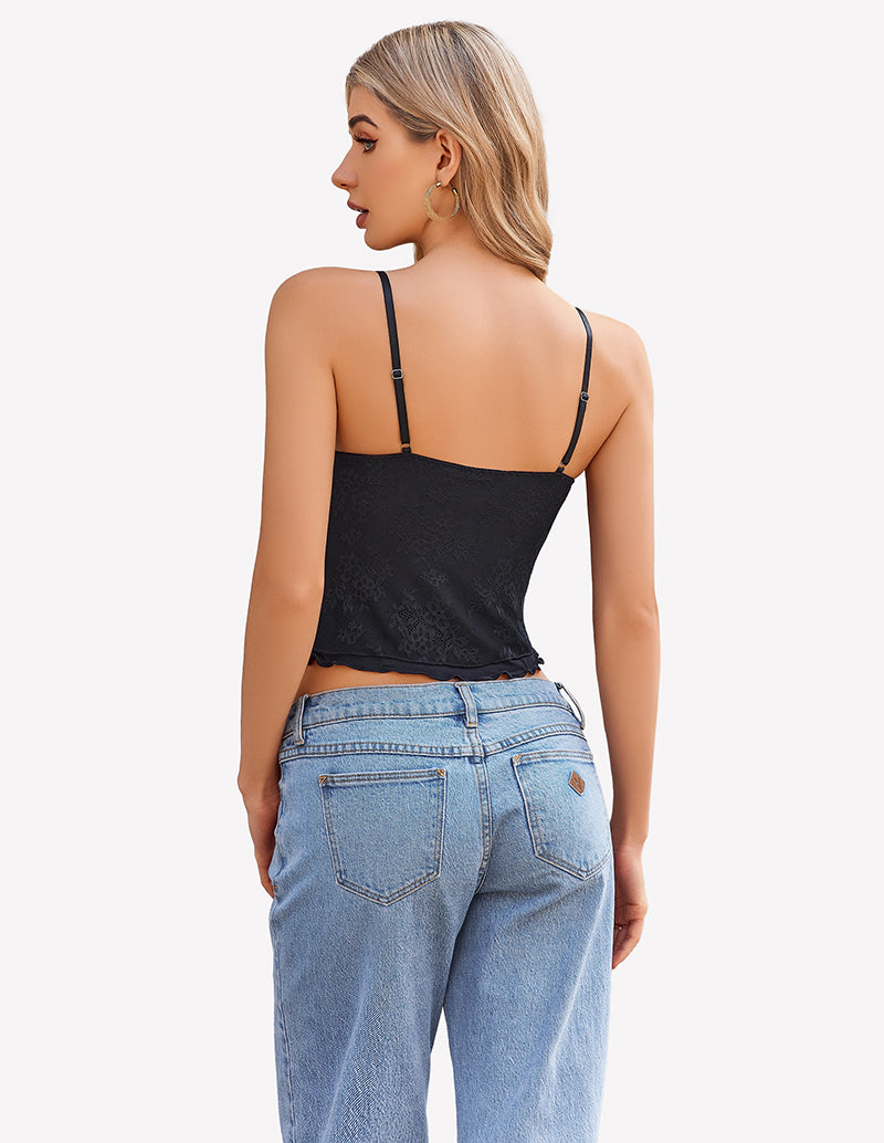 Black lace tank top with spaghetti straps and open-back design