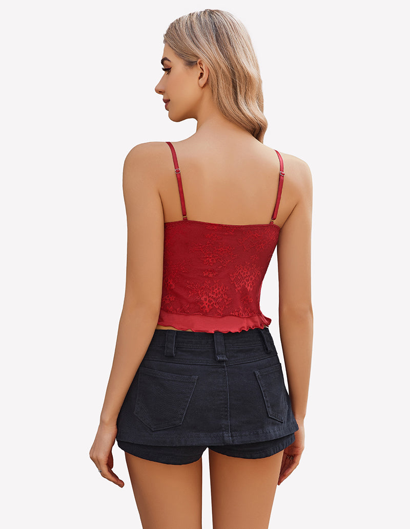 Red lace tank top with spaghetti straps and open back