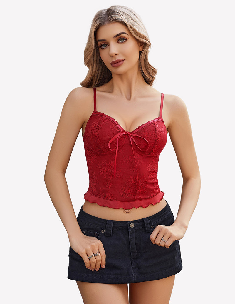 Red lace spaghetti-strap tank top with sweetheart neckline and front bow
