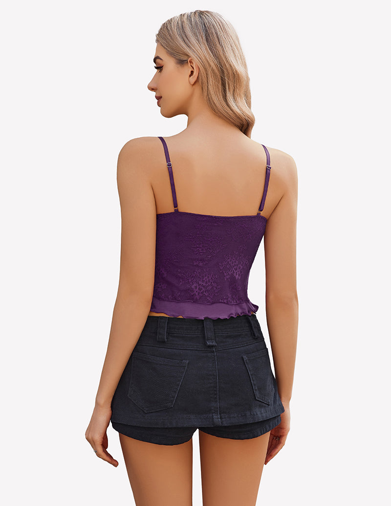 Purple lace tank top with spaghetti straps and open back