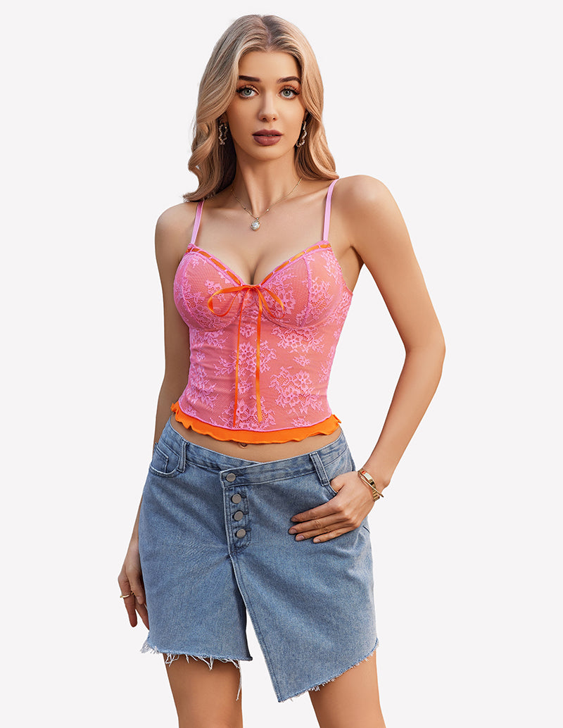 Pink lace tank top with spaghetti straps, tie-front bust and scalloped peplum hem.