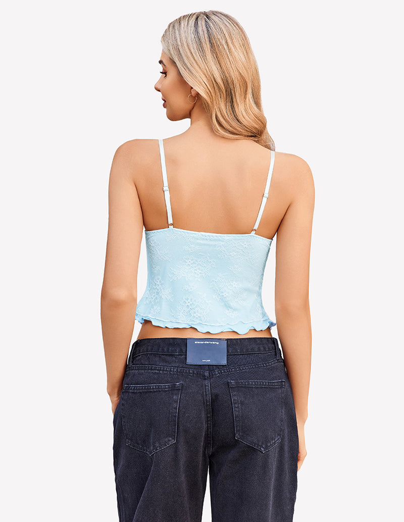Light blue lace camisole tank back with thin straps and scalloped peplum hem.