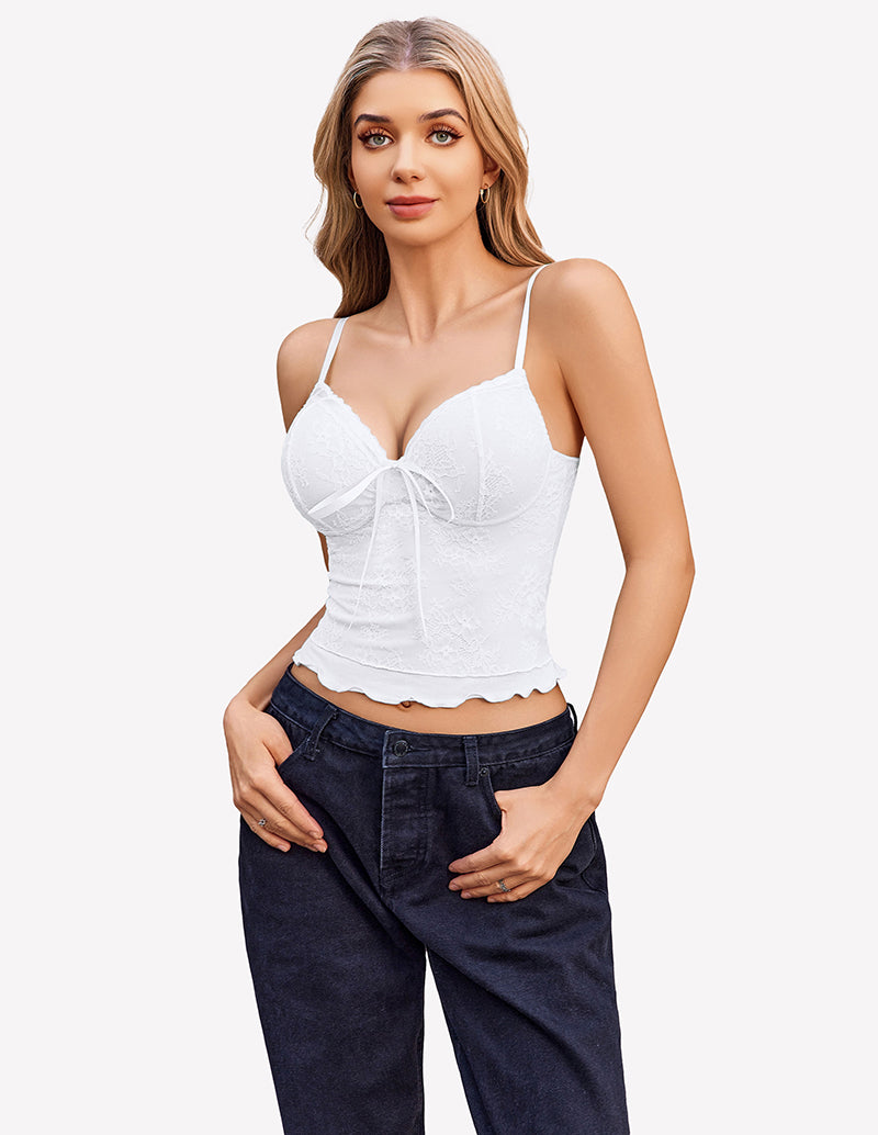 White lace tank top with spaghetti straps, tie-front bust and scalloped hem.