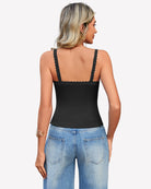 Black lace tank top with scalloped racerback, low scoop back, spaghetti straps