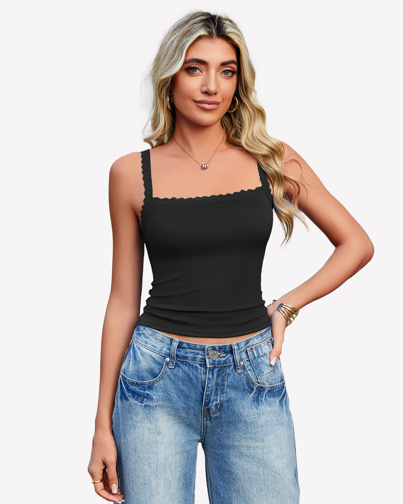 Black lace tank top with black scalloped trim, square neckline, spaghetti straps