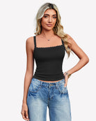 Black lace tank top with black scalloped trim, square neckline, spaghetti straps