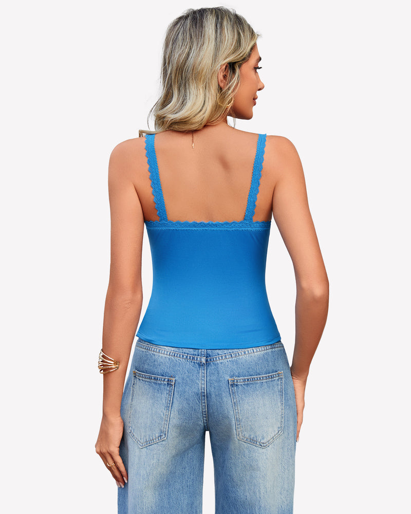 Blue lace tank top with scalloped racerback, low scoop back, spaghetti straps