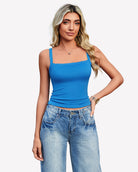 Blue lace tank top with matching scalloped lace trim, square neckline, spaghetti straps