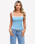 Light blue lace tank top with white scalloped trim, square neckline, spaghetti straps