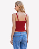 Red lace tank top with maroon scalloped racerback, low scoop back, spaghetti straps