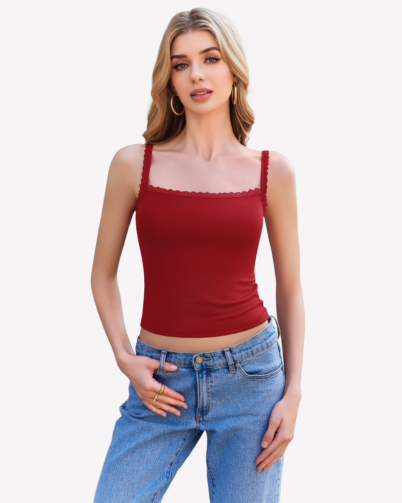 Red lace tank top with maroon scalloped trim, square neckline, spaghetti straps