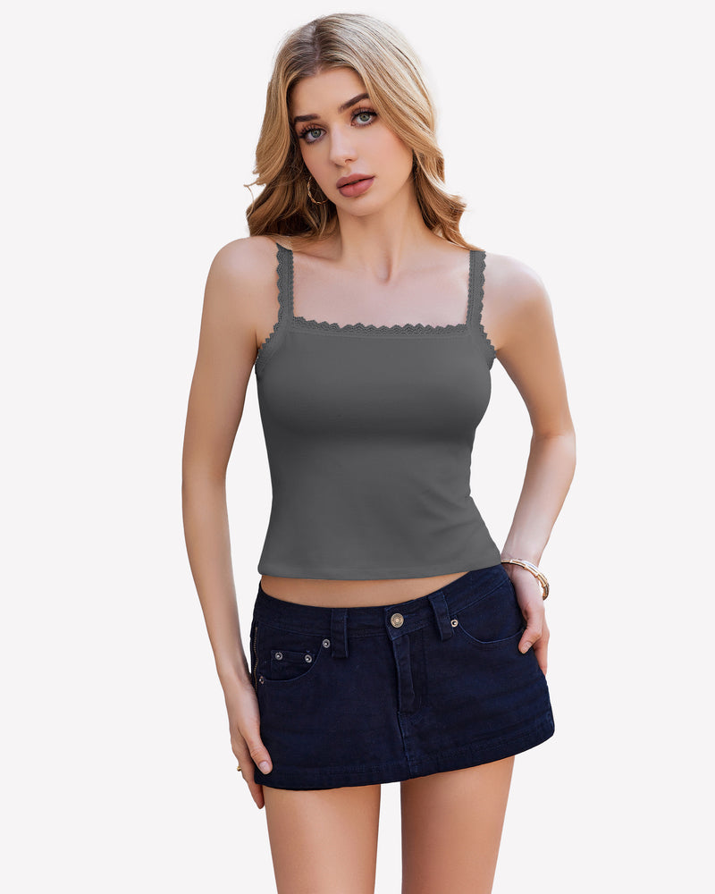 Dark grey lace tank top with matching scalloped trim, square neckline, spaghetti straps